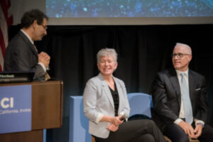 Steven Goldstein, UCI vice chancellor for health affairs (from left); Aileen Anderson, director of the Sue & Bill Gross Stem Cell Research Center; and Frank LaFerla, dean of the School of Biological Sciences, participate in a UCI Brain Launch Event panel discussion.