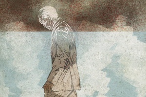 Drawing of a man in a suit covered in fog