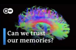 Flourescent image of brain with a text overlay reading "Can we trust our memory?".