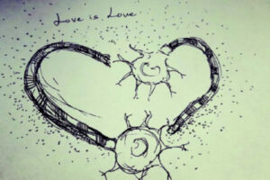 Ink drawing of two neuron synapses forming a heart shape with the text "Love is Love".
