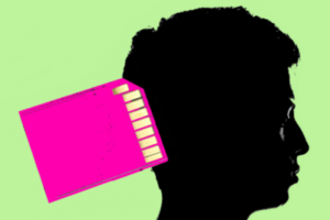 Pop-art-style illustration of a silhouette of a man and a bright pink SD card.