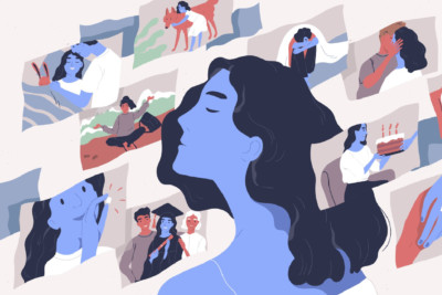 Cartoon graphic of a woman surrounded by snapshots of her memories.