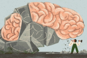 Graphic illustration of an individual chipping away a brain.