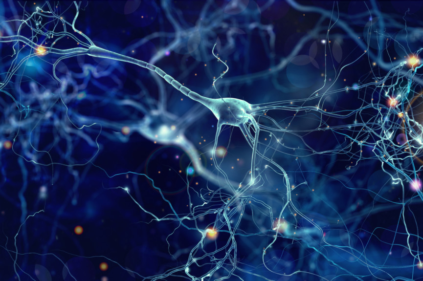 Conceptual illustration of neuron cells with glowing link knots in abstract dark space, high resolution 3D illustration