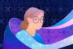 A cartoon of an older woman with glasses is surrounded by purple and blue waves of color