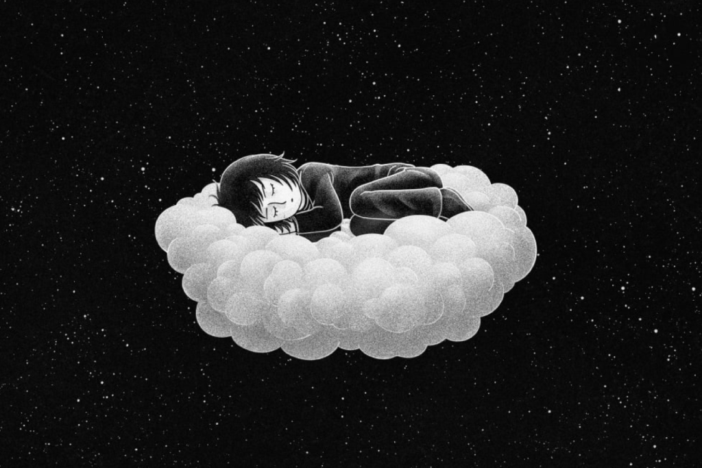 A black and white image of a cartoon person sleeping on a cloud