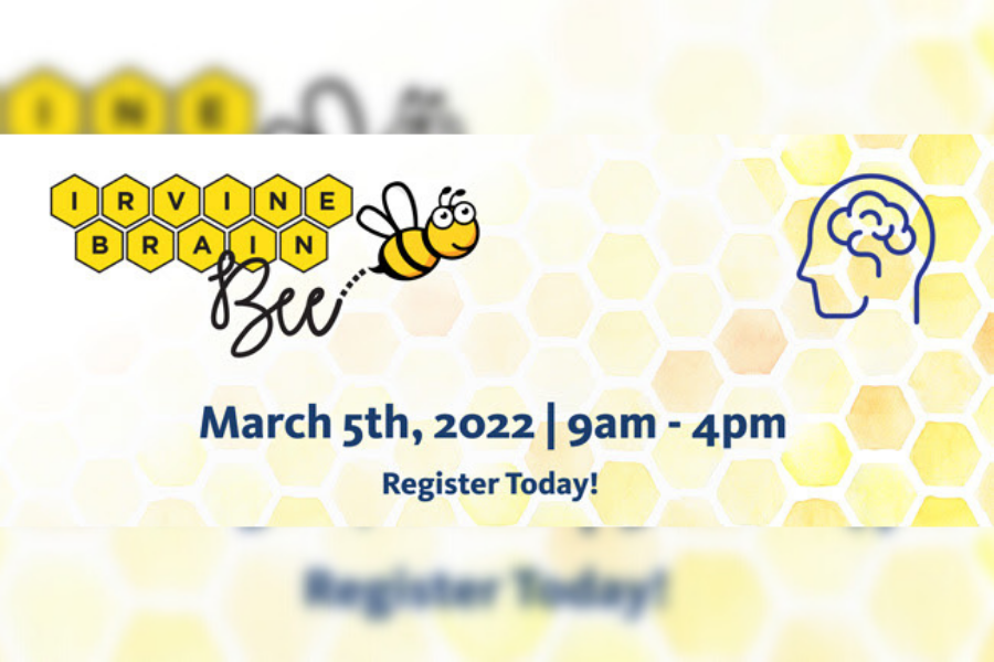 A white background with beehive art painted on it. "Irvine brain" is in honeycombs and "Bee" is spelt out by a cartoon bee. "March 5th, 2022 9am - 4pm" is in the center of the screen. There is a silhouette with a brain in the top right.