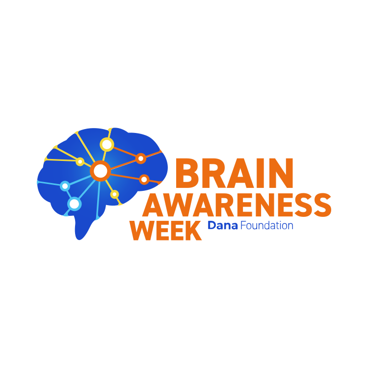 Dark blue brain silhouette has colorful lines and circles mimicking neurons inside it. "Brain Awareness Week" is bolded in bright orange. "Dana foundation" is in the bottom right corner in blue.