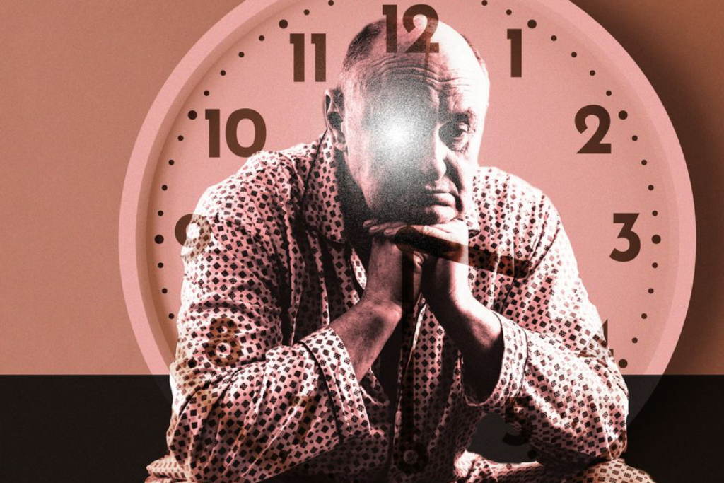 An elderly man frowns and rests his hand on his hands, a clock in the background