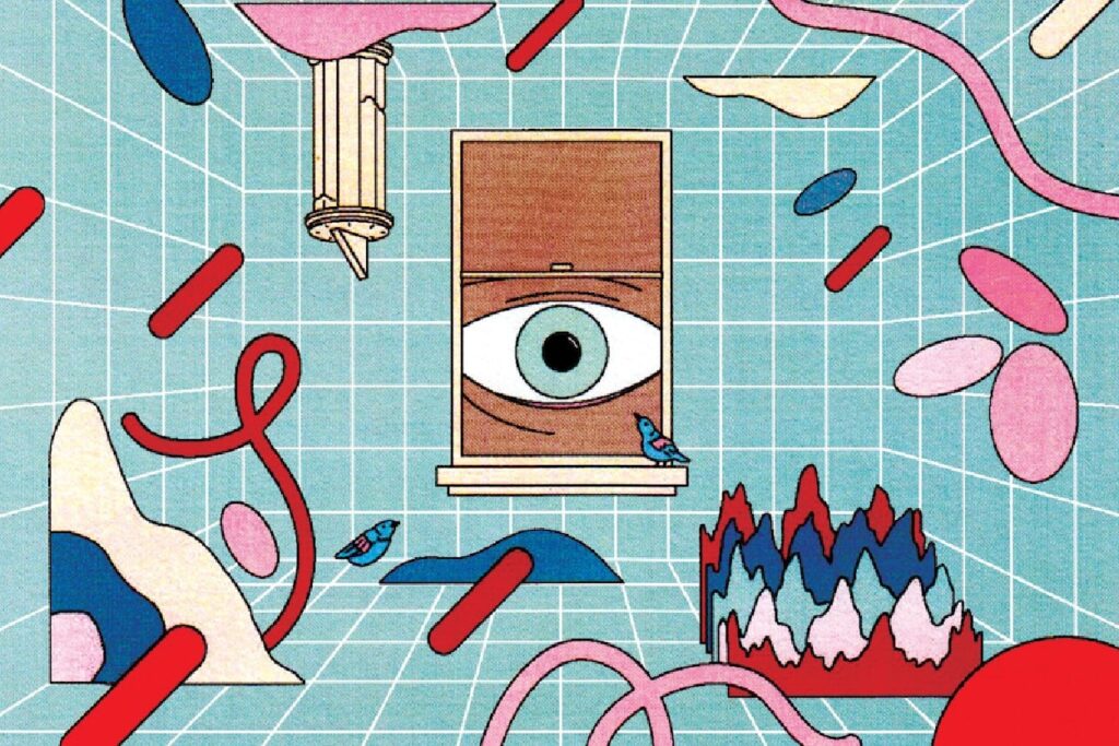 An eye looks through a window to see a blue tiled room filled with various doodles and birds