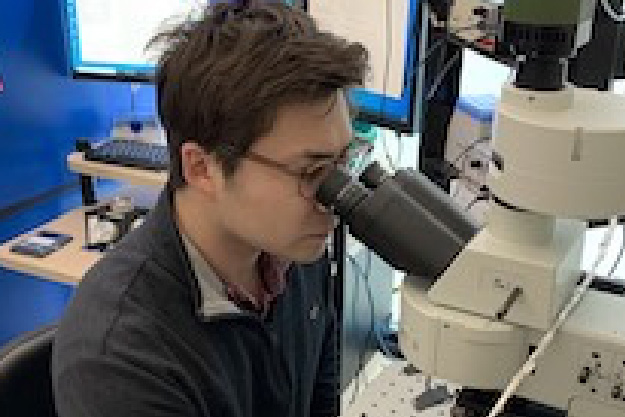 A man looking through a microscope