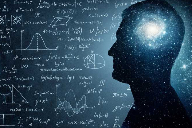 A shilouette of a man with his brain replaced with a galaxy. The background is a bunch of equations