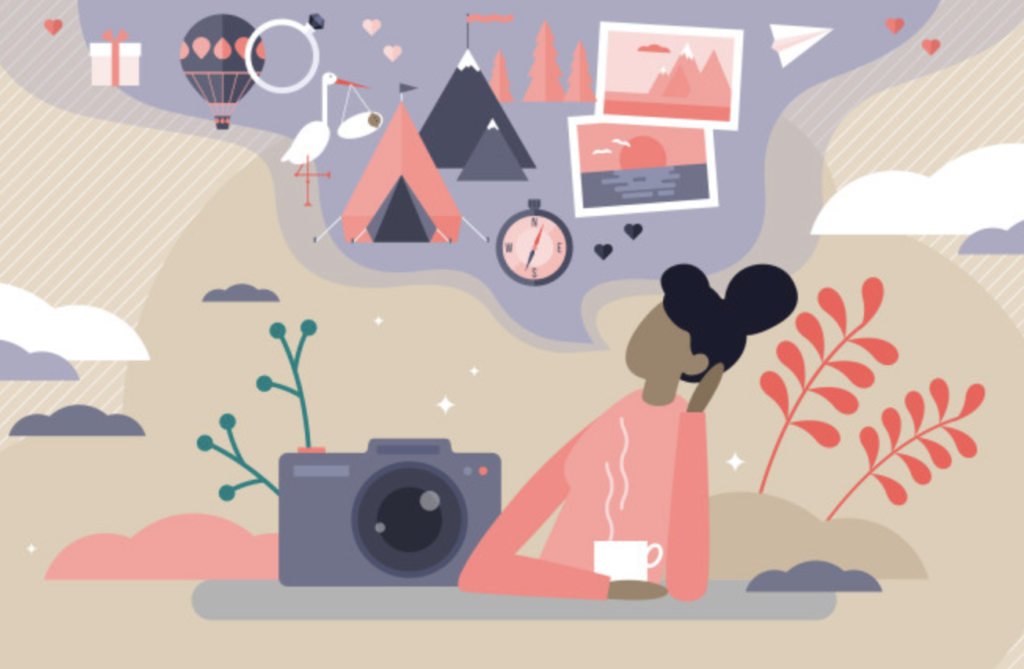 Graphic of a woman sitting at a desk with a thought bubble displaying various memories and nature scenery.