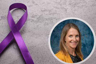 Elizabeth Thomas Saliva Headshot Next to a purple ribbon