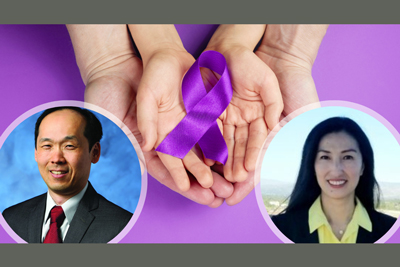 Masashi Kitazawa, PhD, associate professor of environmental & occupational health at the UCI Program in Public Health and Lulu Chen, PhD, assistant professor of anatomy and neurobiology at the UCI School of Medicine headshots on either side of two hands holding a purple ribbon