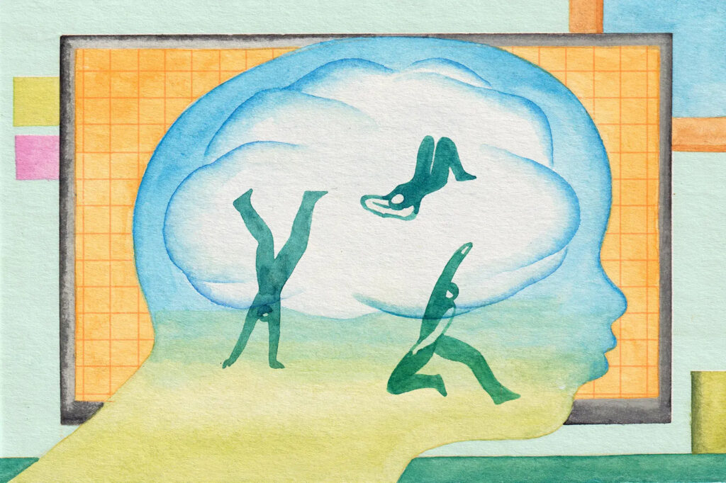 art of three people inside a drawing of a head and cloud-like brain