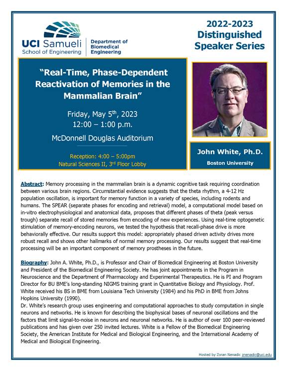 BME Distinguished Speaker Series, 12pm-1pm on May 5, 2023: "Real-Time, Phase-Dependent Reactivation of Memories in the Mammalian Brain"